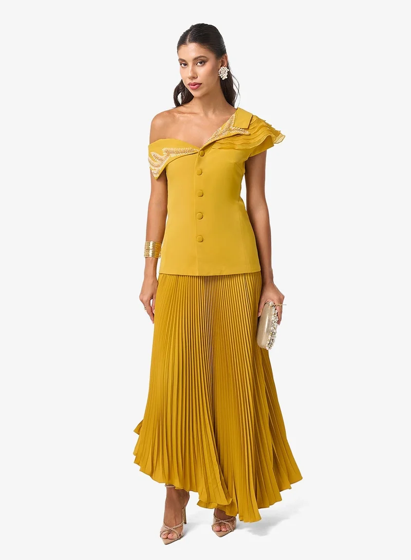Threadz by Ajooni  Pleated Skirt Front Button Detailing One Shoulder Maxi Dress for Women | Best Price UAE